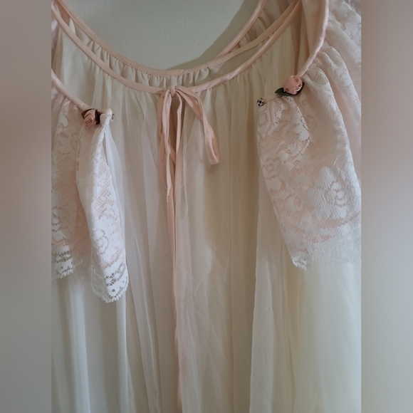Vintage Peignoir Set Intime White Pink Long 2-piece Robe Nightgown Chiffon Lace - Picture 6 of 11